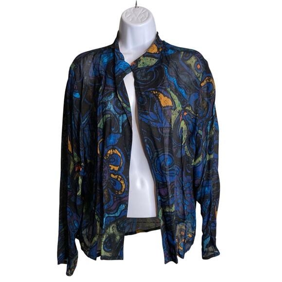 Chico's Sweaters - Chico's Women's Blue Floral Open Front Cardigan Size 2 Large Art To Wear Boho